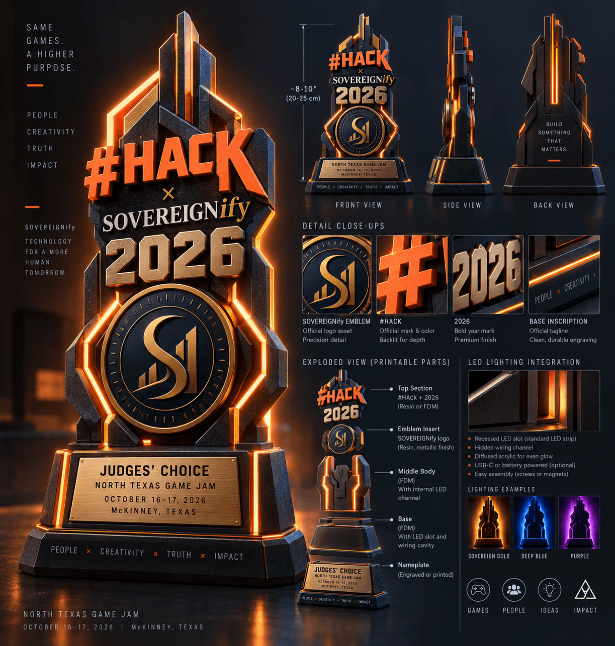 Concept board for the illuminated #HACK × SOVEREIGNify 2026 Judges' Choice trophy, with front, side and back views and LED lighting details